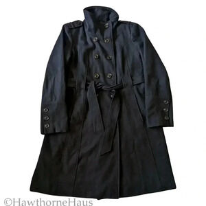 GUESS Black Double Breasted Wool Blend Pea Coat Size L  Military Standing Collar